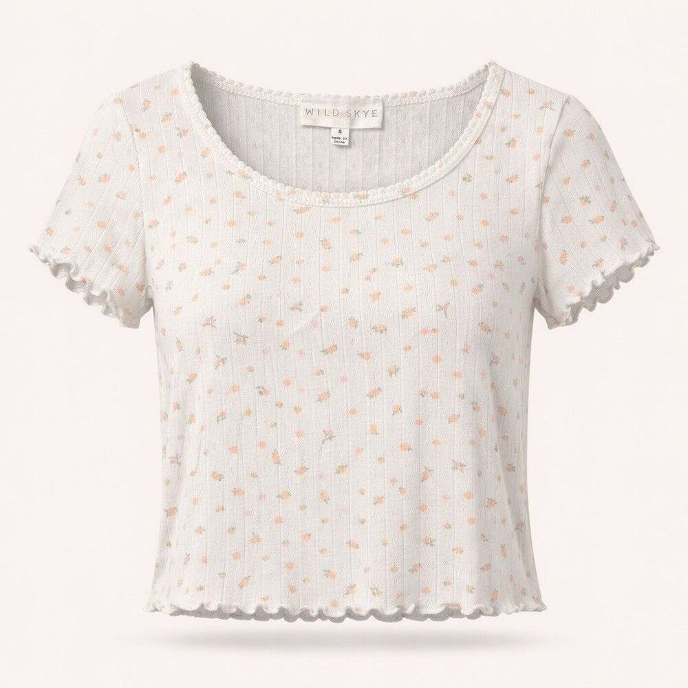 Wild Skye Women's Pointelle Crop Top Floral Ruffle Hem Coquette Soft Girl S